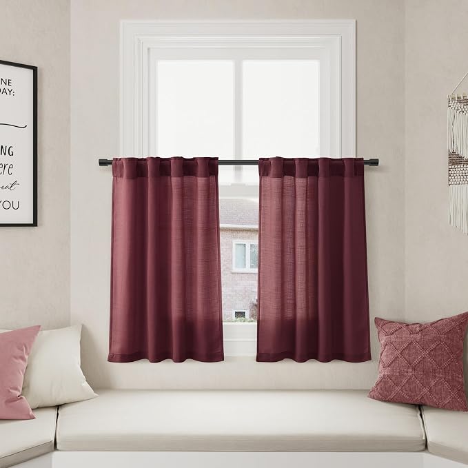 Nanspring Burgundy Linen Cafe Curtains Linen Kitchen Curtain 24 Inch Length 2 Panels Semi Light Filtering Short Tier Drape with Back Tab Rod Pocket for Small Windows Cafe Bathroom Over Sink 26Wx24L