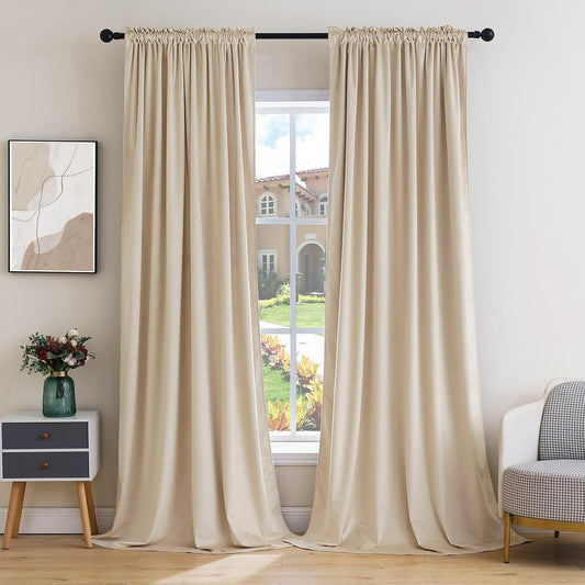 MIULEE Beige Velvet Curtains Thermal Insulated Blackout Curtain Drapes for Bedroom Living Room Darkening 84 Inches Long Curtains Panels Rod Pocket Set of 2