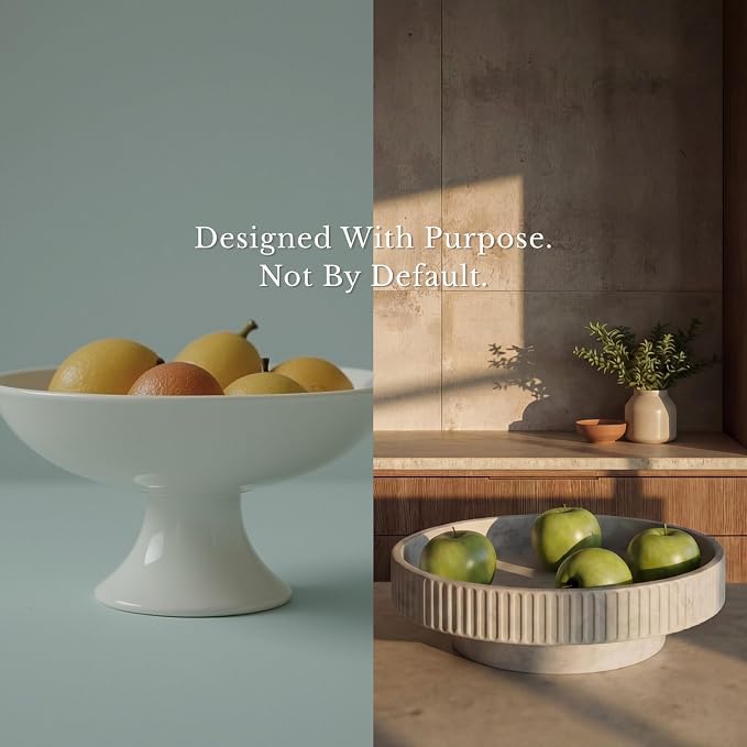 JUPTR Concrete Fruit Bowl (12") – Shallow Fluted Pedestal Decorative Centerpiece Bowl for Table, Entryway Catch-All & Modern Home Decor – Heavyweight Stone Bowl (Natural)