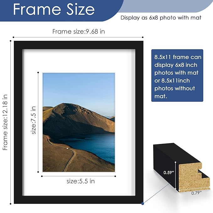 PEALSN 8.5 x 11 Picture Frame Set of 6, Display Pictures 6x8 with Mat or 8.5 x 11 without Mat for Wall Mounting Display, Photo Frames Collage for Wall Decor, Black.