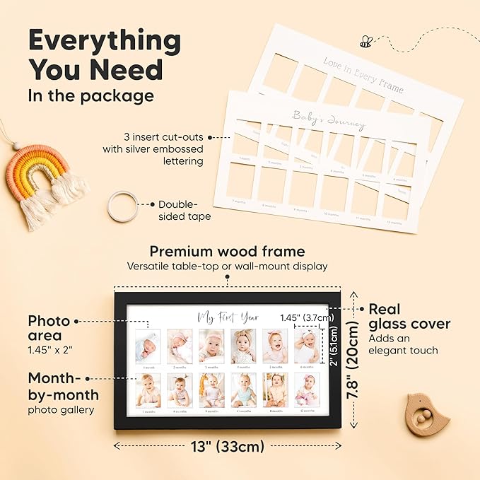 KeaBabies 12 Months Baby Picture Frame for Newborn Girl, Boy and Baby Handprint & Footprint Kit - My First Year Photo Frame, Monthly Photo Keepsake - Duo Photo Display