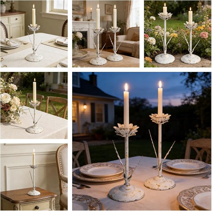 Vintage Lotus Flower Taper Candle Holders Set of 2, Distressed White Gold Metal Candlestick Stands, Rustic Farmhouse Tabletop Centerpiece for Wedding, Dining & Home Decor