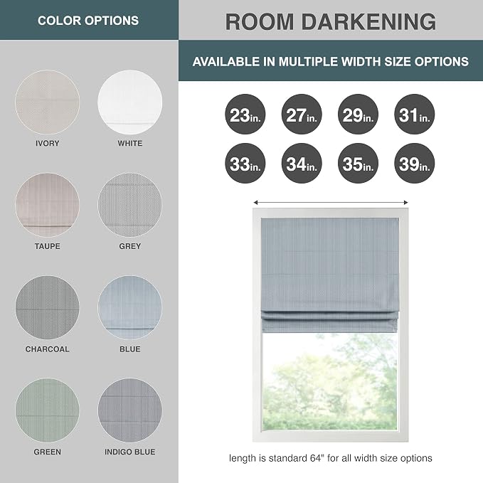 Madison Park Galen Cordless Roman Shade, 23"W x 64"H, Sheen Blue – Room Darkening, Thermal Insulated, Energy Efficient Window Blind with Subtle Sheen Basketweave Fabric for Privacy