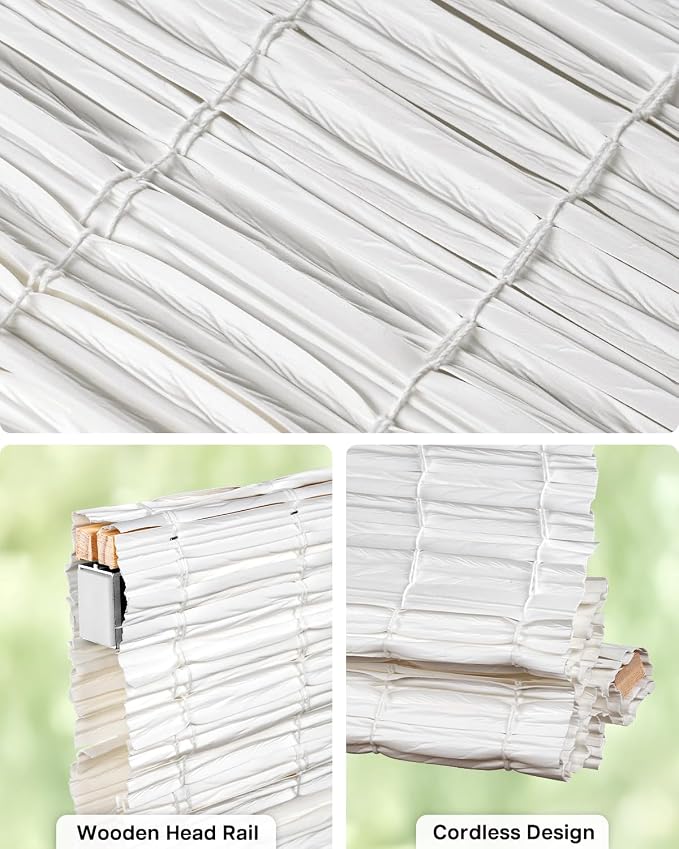 LazBlinds No Drill Cordless Roman Shades for Windows, Light Filtering Privacy Protection Thermal Insulation UV Blocking Natural Panama Weave Fabric Blinds for Windows, 33" W x 48" H, White