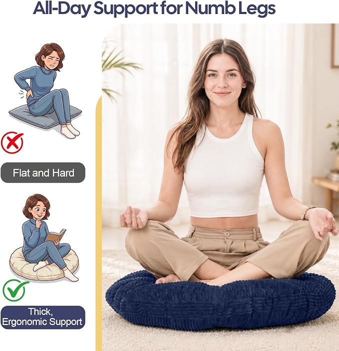 Meditation Cushion, 32 Inch Large Round Floor Pillow, Navy Blue | Soft Tufted Corduroy Meditation Pillow for Adults with Handle for Yoga, Cozy Meditation Mat for Reading and Tatami Seating