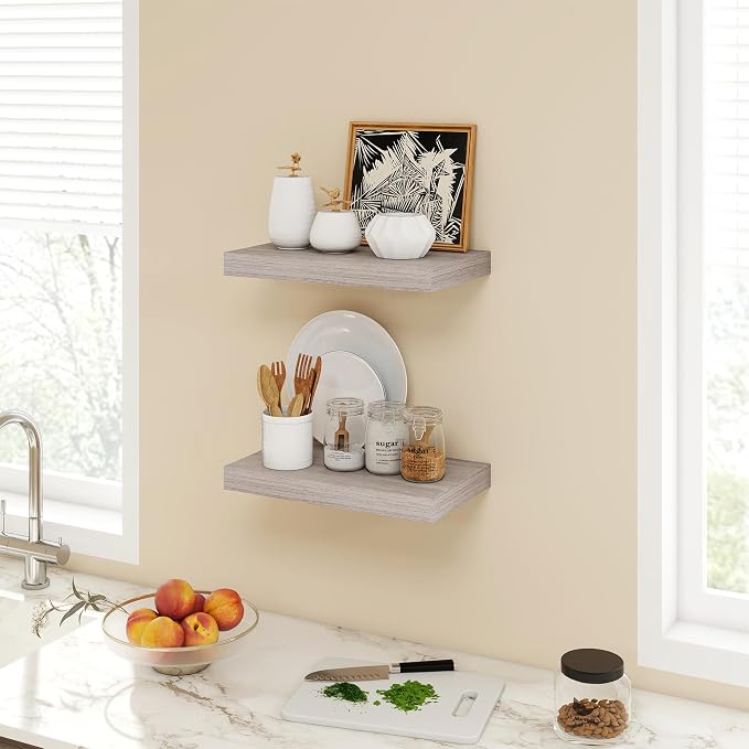 Acovy 16 Inch Floating Shelves, 9.3" Deep Floating Shelf Wall Mounted, 16" Wall Shelves, Rustic Deep Bookshelf, Large Display Shelves & Storage Shelves for Bedroom, Living Room, Grey, Set of 2