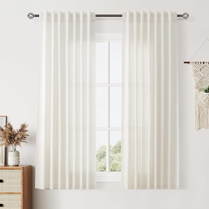 Nanspring Short Linen Curtains Cream Kitchen Back Tab Semi Sheer Curtain Light Filtering Rustic Small Cute Linen Drapes for Living Room, Cafe, Set of 2 Panels, 50 x 54 inches Long, Natural