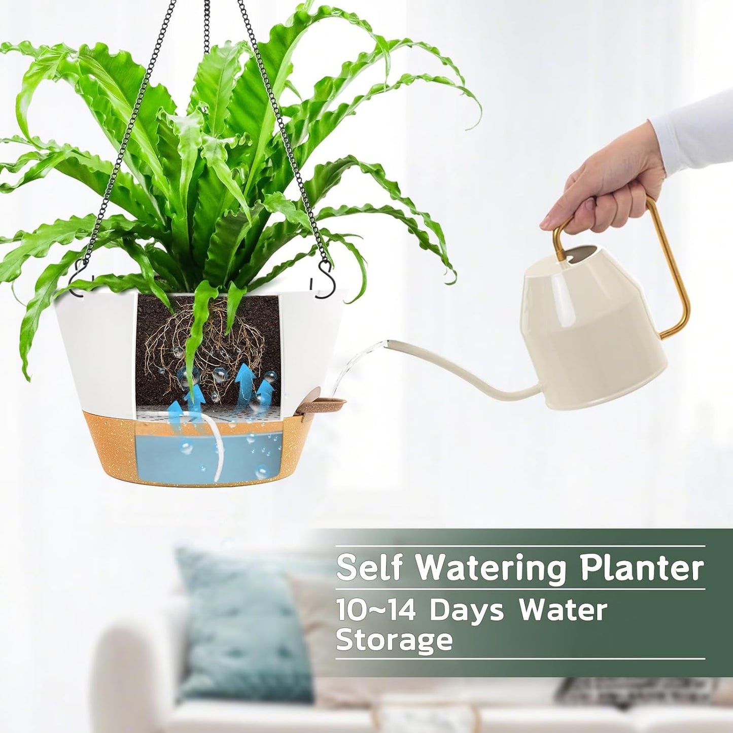 ZMTECH 12 Inch Hanging Planters for Outdoor, 2 Pack Self Watering Pots for Indoor Plants, Large Hanging Baskets for Plants Outdoor with Visual Reservoir and Drainage Hole(White)