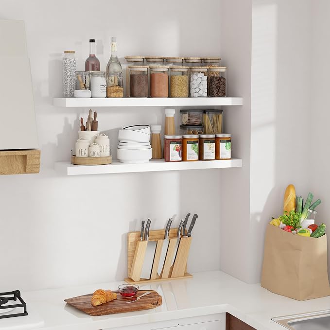 Floating Shelves for Wall, 36 inch White Wall Shelves, 9.3in Deep Bathroom Floating Shelves, Wooden Floating Shelf for Bedroom, Living Room, Kitchen, 36" W x 9.3" D x 1.5" H, 2 Packs