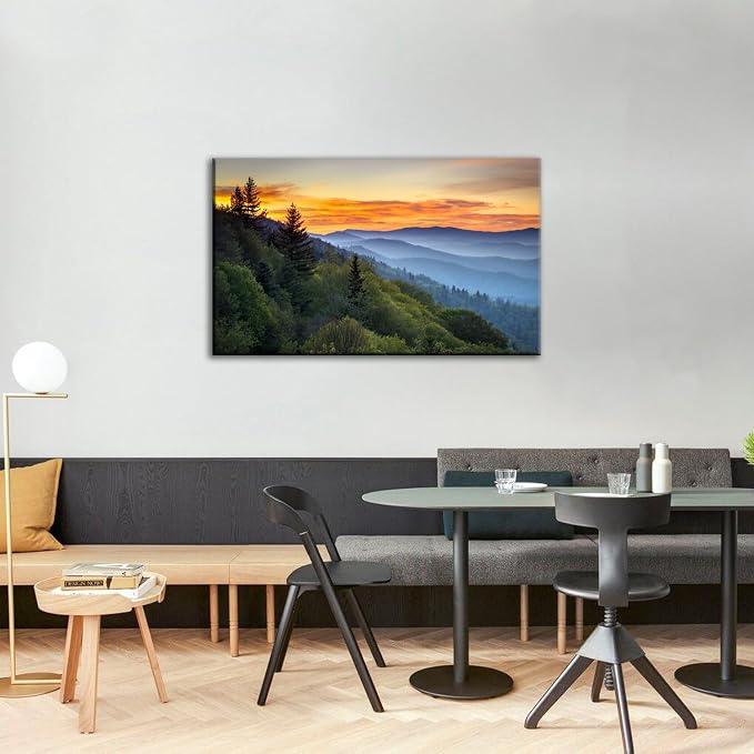 Large Nature Wall Art Great Smoky Mountains Canvas Pictures for Bedroom National Park Foggy Forest Wood Framed Painting Sunrise Photo Artwork Misty Landscape Living Room Dinner Home Decorations 32x48