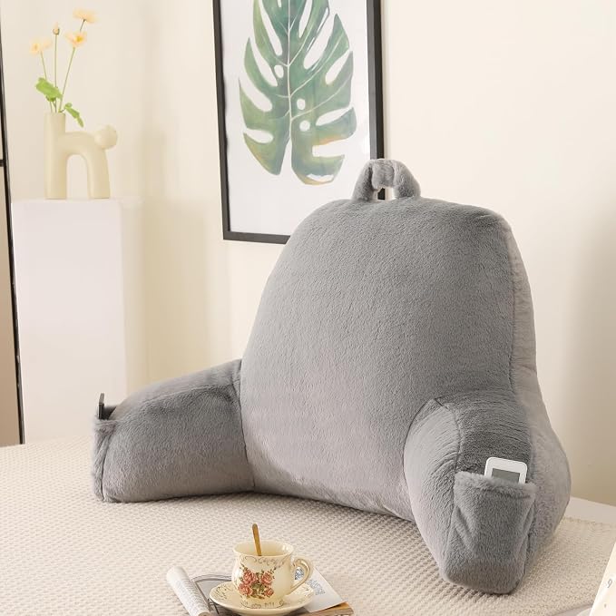 Large Plush Backrest Pillow for Sitting in Bed,Faux Fur,Gray | 19" Back Pillow with Arms Supports Adults,College Students,Elbows & Forearms for Dorm Reading,Gaming,Watching TV