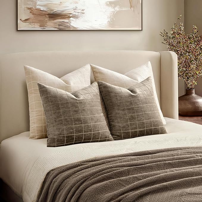 MIULEE Decorative Chenille Check Euro Shams Throw Pillow Covers Vintage Plaid Couch Pillows 26x26 Inch Set of 2 Neutral Boho Cushion Covers Modern Spring Decor for Sofa Bed Living Room Taupe Grey