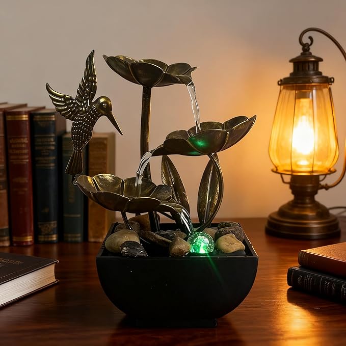 AOZITA Tabletop Fountain, Indoor Waterfall Fountain, Small Home Décor Zen Relaxation Soothing Sound Machine for Office, Living Room, or Bedroom, Bronze Metal Lotus with Hummingbird, River Rocks, LED