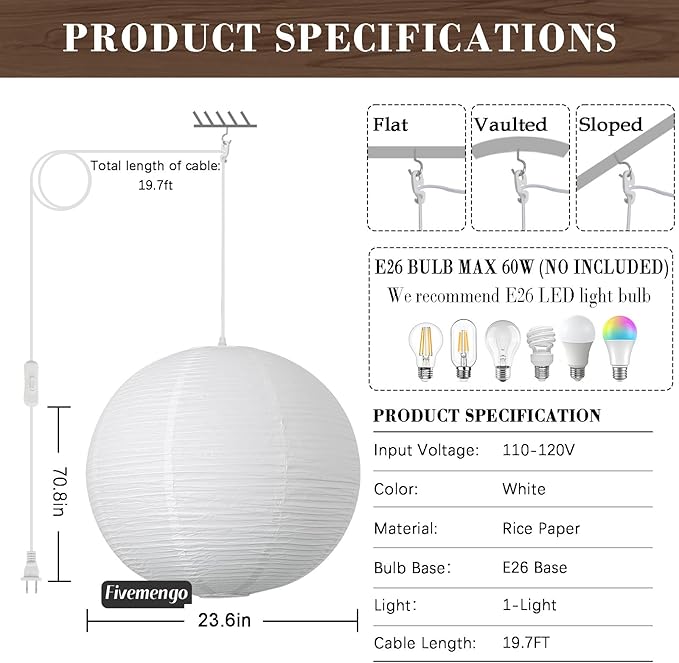 Paper Lantern Lamp Plug in Hanging Lamp 23.6in White Rice Paper Pendant Light with 19.7FT Cord Large Globe Japanese Japandi Wabi Sabi Chandelier for Dining Living Room Bedroom Office 1 Pack