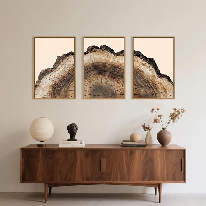 KAIRNE Vintage Tree Rings Framed Canvas Wall Art Set, Retro Wood Stump Wall Decor, Neutral Tree Spiral Art Prints, Modern Annual Ring Artwork for Living Room, Bedroom, Farmhouse, Office-24 x36 x3