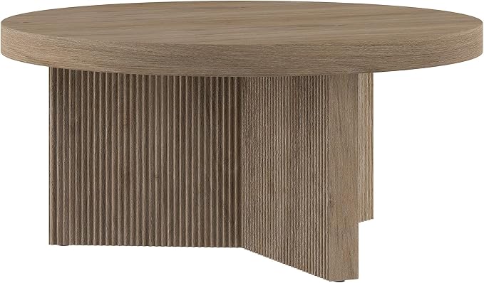 Henn&Hart 32" Fluted Round Low-Profile Coffee Table with Ribbed Pedestal Base for Living Room, Family Room, Office, or Apartment, Weathered Gray