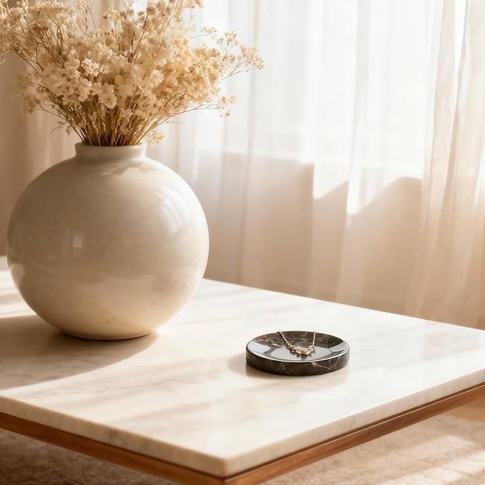 Emperador Dark Marble Jewelry Dish 4”, Brown Natural Stone Trinket Tray for Rings Earrings Bracelets, Round Marble Soap Dish for Bathroom Kitchen, Classic Decorative Catchall for Home & Tabletop