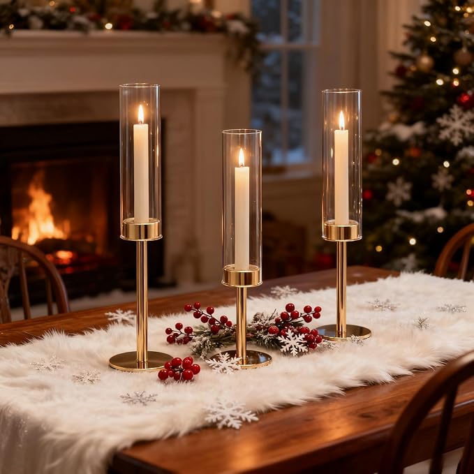 Gold Hurricane Glass Candle Holders Set of 3 Brass Taper Candlestick Holder | Windproof Flameless Candle Holder, Tall Candle Stick Holder, Table Centerpieces for Wedding, Christmas Party, Fireplace Decor