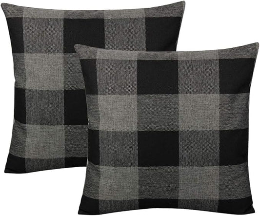 VAKADO 16x16 Set of 2 Black and Grey Farmhouse Rustic Buffalo Plaid Decorative Throw Pillow Covers Retro Check Home Decor Cushion Cases for Couch Bed Sofa, Black and Gray