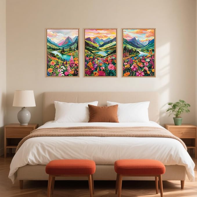 Colorful Wildflower Blossom Framed Canvas Wall Art Set,Mountain Flowers Wall Painting, Abstract Landscape Wall Decor,Natural Floral Artwork for Living Room,Dining Room,Office-16 x24 x3