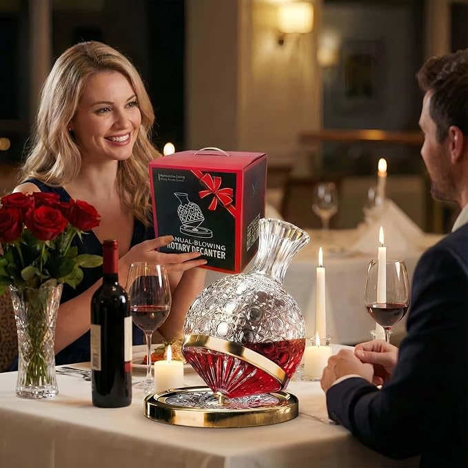 Wine Decanter Set - Spinning Crystal Red Wine Decanter Carafes, Jarler 360° Rotory Hand Blown 1.5L Lead-Free Glass Wine Aerator Quick Wake Up，Wine Gift for Wine Lover, Father day Gift (Silver+Clear)