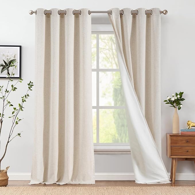 jinchan Linen Curtains 90 Inch Long Non See Through Privacy Window Curtains Beige Farmhouse Light Filtering Grommet Drapes, Light Locking Lined Drapes for Bedroom Living Room Darkening Drapes 2 Panels