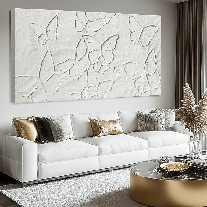 SHEYOYE Large White Aesthetic Canvas Wall Art | Butterfly Wall Art for Wall Decor, Office Art, Living Room or Bedroom Wall Decor, Hallway Decor 29" x 58"