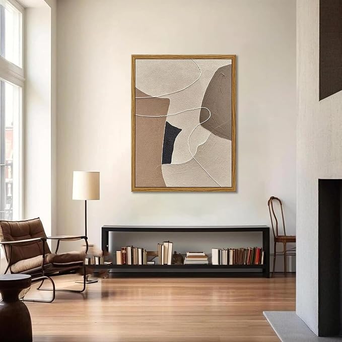 Kabcod Large Beige Brown Abstract Wall Art 3D Textured Oil Painting, Neutral Large Abstract Geometric Picture Wall Decor Framed Artwork Boho Entrance Home Decor Ready to Hang (24" W x 36" L)