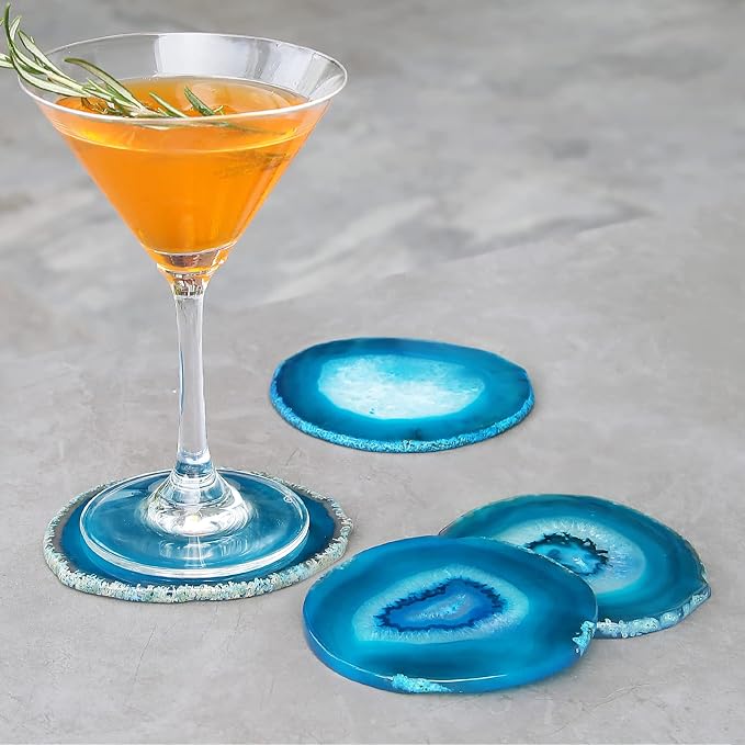 Natural Blue Agate Coasters for Drinks Set of 4 | Natural Stone Coasters 3.5-4", Decorative Gemstone Coasters for Coffee Table, Bar or Desk, Housewarming Gift for Friends