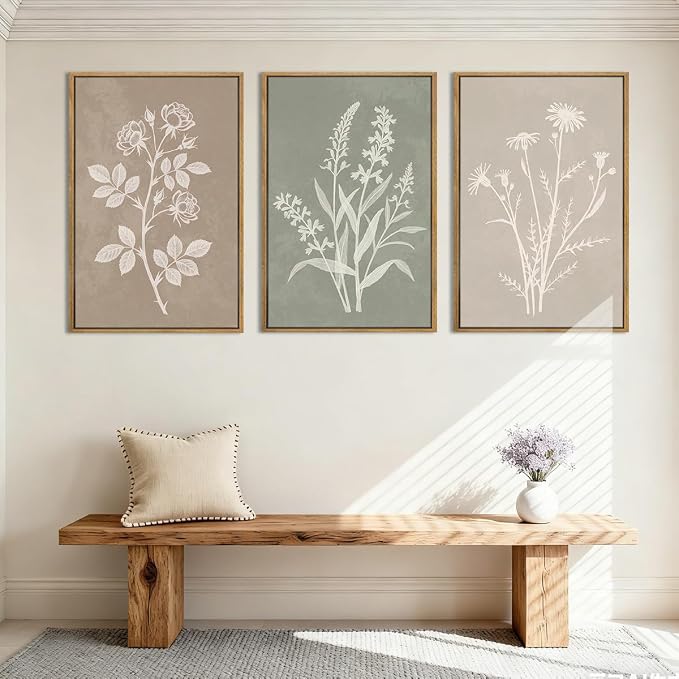Anyzal Extra Large Boho Botanical Framed Wall Art 24x36 Inch Farmhouse Floral Canvas Wall Decor Neutral Minimalist Plant Painting for Living Room Bedroom Dining Room Set of 3