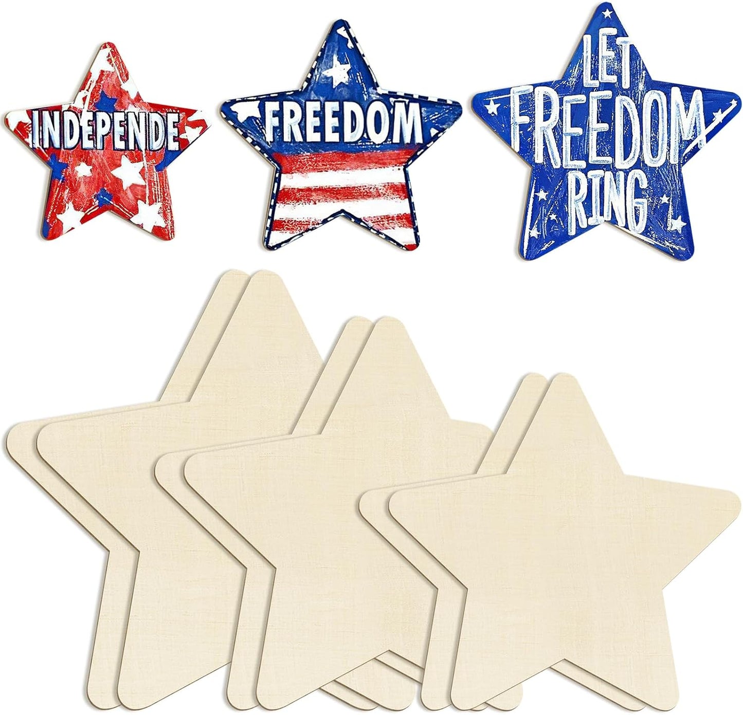 Large Size Wooden Star 4th of July Ornaments to Paint, Independence Day Wooden Patriotic Day DIY Blank Cutouts Unfinished Round Ornament for Crafts Summer Decorations 6 Pack