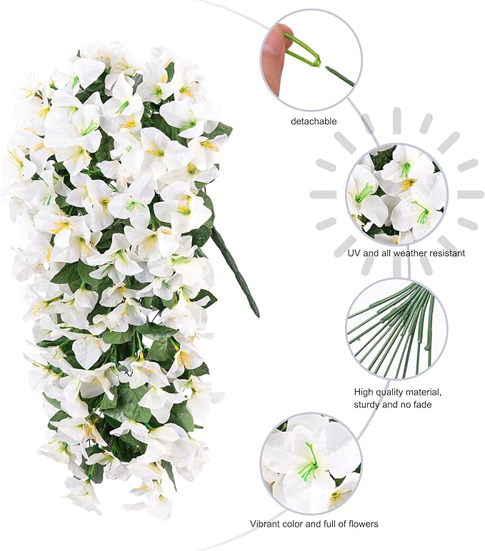 HyeFlora Bougainvillea Artificial Hanging Flowers Plants for Outdoors Decoration, 2pcs White Fake Flowers Silk Bougainvillea Vines Realistic UV Resistant Faux Flowers for Outdoor Planters Patio Yard