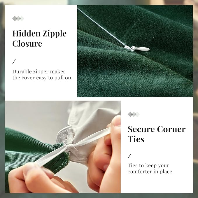 WARMDERN Emerald Green Flannel Velvet Duvet Cover King Size Duvet Cover Bedding Sets, 3pcs Ultra Soft Luxury Textured Modern Crystal Velvet Duvet Covers with Zipper Closure(Emerald Green, King)