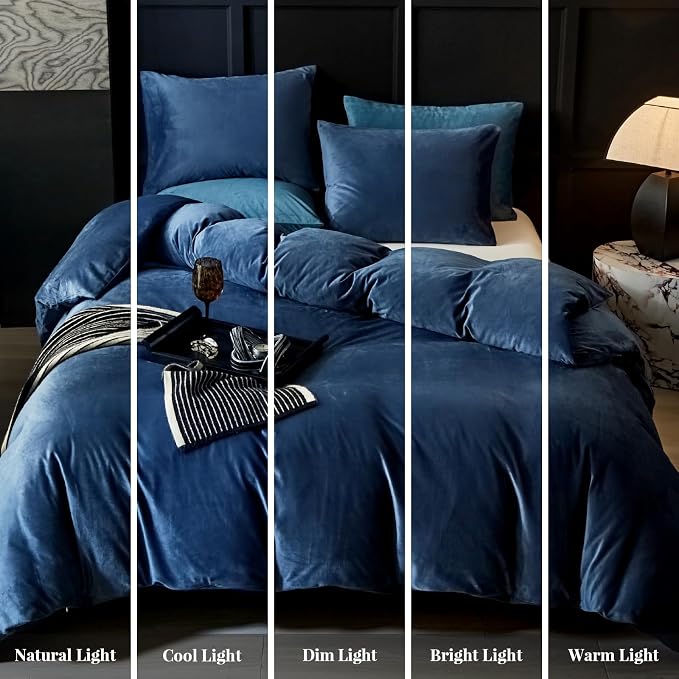 WARMDERN Navy Flannel Velvet Duvet Cover King Size Duvet Cover Bedding Sets, 3pcs Ultra Soft Luxury Textured Modern Crystal Velvet Duvet Covers with Zipper Closure(Navy, King)