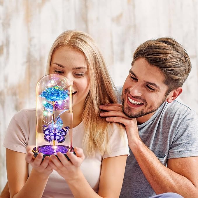 Mothers Day Mom Gifts for Mom Birthday Gift for Women Galaxy Glass Rose in Glass Dome Forever Eternal Crystal Flower with Butterfly Mother's Day Flowers Gifts for Wife Daughter Grandma Sister Blue