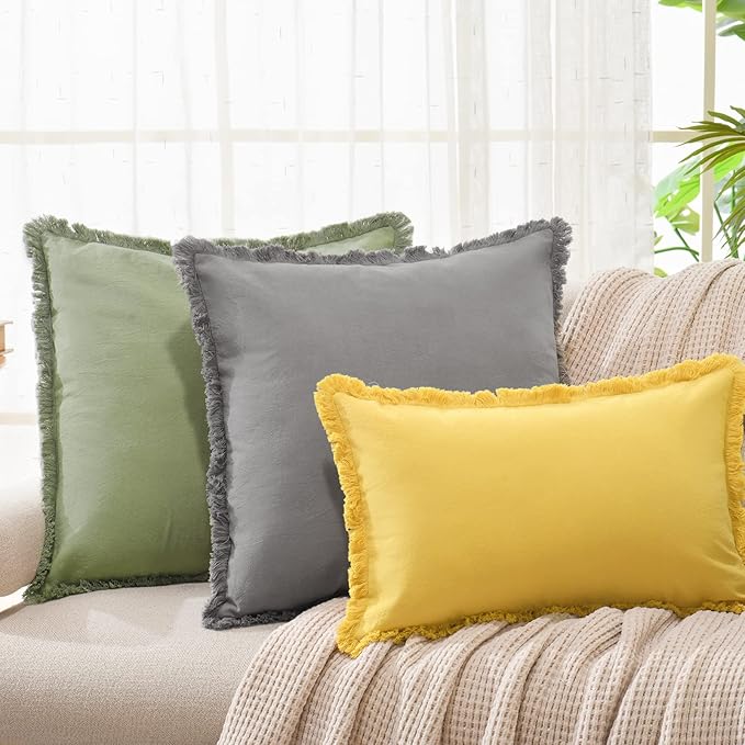 ZWJD Pillow Covers 20x20 Set of 2 Gray Throw Pillow Covers with Fringe Chic Cotton Decorative Pillows Square Cushion Covers for Sofa Couch Bed Living Room Farmhouse Boho Decor