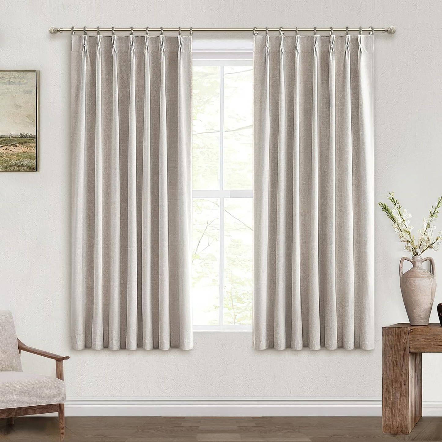 Black Out Curtains 72 Inch Long, Blackout Window Curtain & Drapes 72 Inch Length 2 Panels Set Burg Pinch Pleated Viral Natural Linen Short Farmhouse for Bedroom/Dining/Living Room 6FT