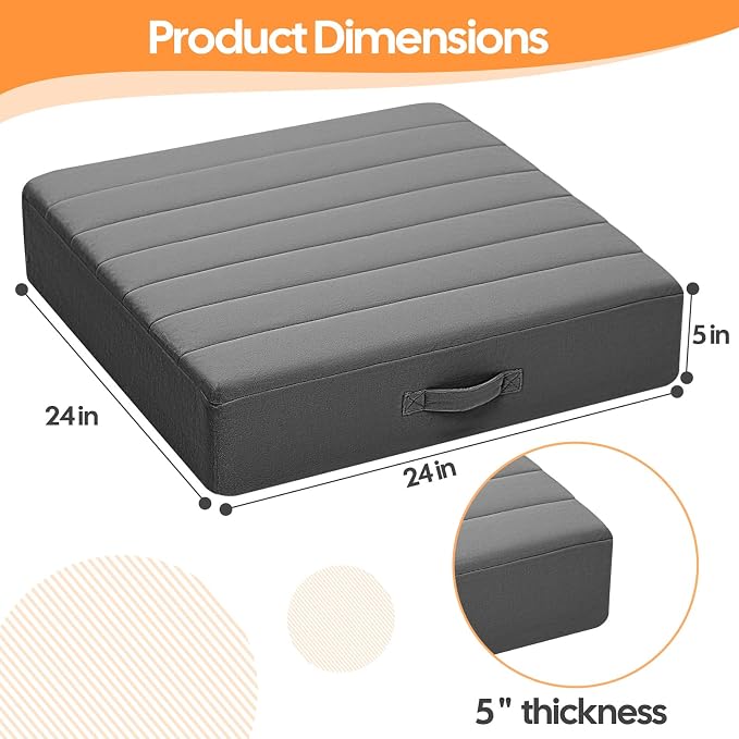 MeMoreCool Square Floor Pillow for Adults and Kids, Large Meditation Cushion with Thick Foam and Washable Tufted Cover, 24-Inch Grey Seat for Sitting and Yoga