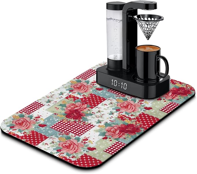 Coffee Bar Mat Accessories for Countertop - Absorbent Anti-Slip Silicone Flower Dish Drying Mats for Kitchen Counter Draining Pad Decor Gift - Fit Coffee Maker, Espresso Machine - 19x12in