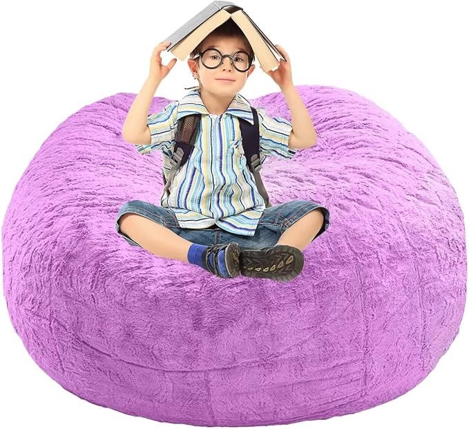 BCU Bean Bag Cover Comfy Beanbag Chair for Adults Without Filler Faux Fur Lazy Sofa Cover for Living Room Chairs, Purple, 3.5FT