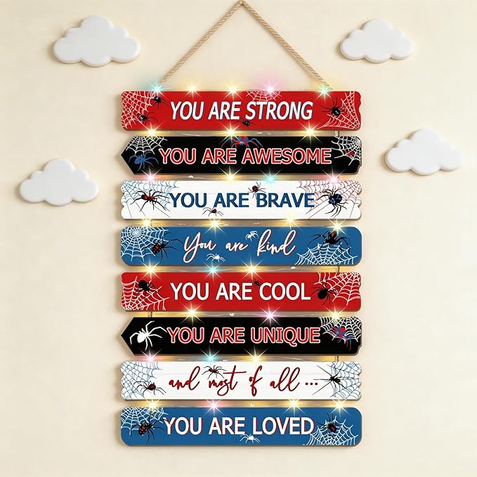 Spider Room Decor with LED Lights Bedroom Boys Room Wall Decor Children Inspirational Motivational Wall Art Wooden Wall Decor Little Boy Kids Room Interior Decor Toddler Room Sign
