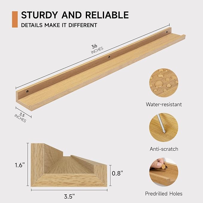 Fun Memories Picture Ledge Shelf for Wall, Floating Shelves Set of 4, 36 Inch Long Nursery Book Shelves for Toys Storage, Kids Bookshelf Wall Mounted for Books Photo Frames, Oak