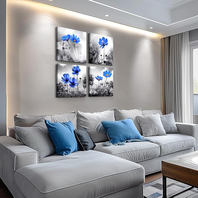 Wall Art For bedroom Black and White cyan blue flower Canvas Wall Decor for Home Decor artwork painting 12" x 12" 4 Pieces Canvas Print For Living Room Decor Modern Salon kitchen Still Life Painting