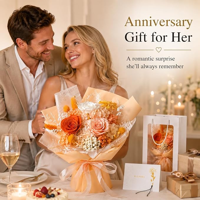 Preserved Champagne Rose Bouquet, 100% Real Flowers for Women Mother Wife, Long-Lasting Eternal Cream Roses with Gift Box, Forever Flowers for Anniversary Birthday Mother's Day, Lasts 3-5 Years