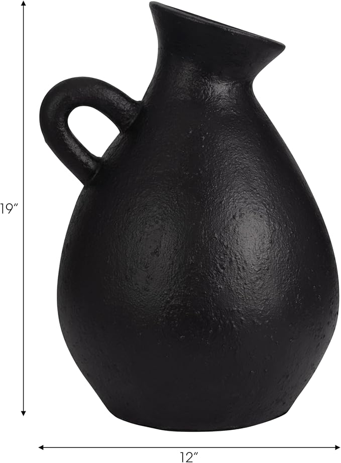 Terracotta Jug with Handle Vase for Living Room Decor - Decorative Home Accents for Bedroom, Office, and Table Centerpiece - Modern Flower Vase for Kitchen Counter and House Styling - 18", Black