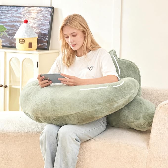 19" Reading Pillow for Bed,U Shaped Arm & Elbow Support,Green Faux Fur | Backrest Supports Back,U Shaped Lap Pillow Cushions Arms,Elbows & Wrists,Plush Faux Fur for Reading,Gaming,Watching TV