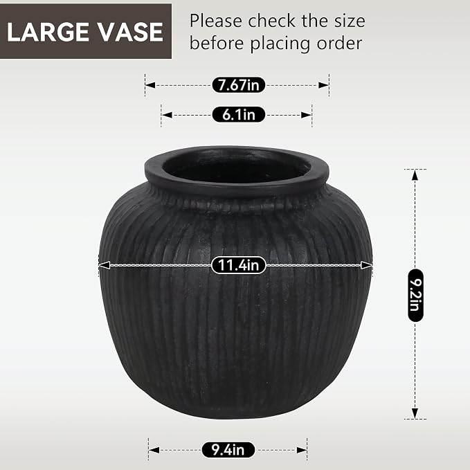 Oakrain Large Rustic Vase with Vertical Ribbed Texture, 11" Vintage Black Round Vase, Decorative Planter for Indoor, Table Centerpieces, Distressed Decor