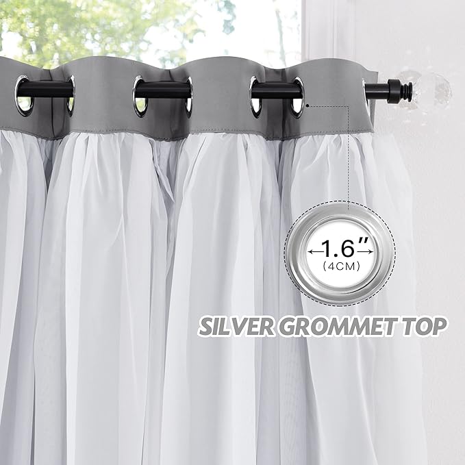 PONY DANCE Shabby Chic Curtains for Room Decor Bedroom Double Layer Ruffle Sheer Overlay with Tiebacks Drapes with Grommet Top, 52" W x 84" L, Silver Grey, Set of 2