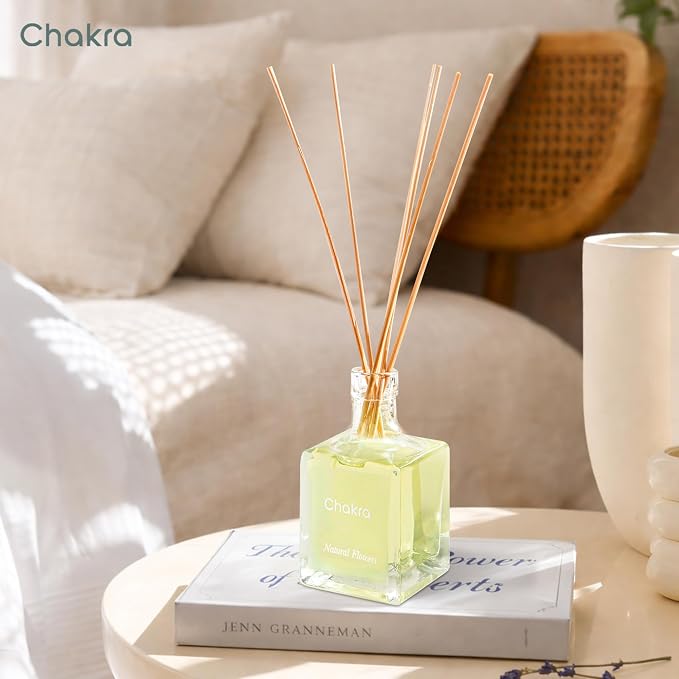 Chakra Reed Diffuser Set - Reed Diffusers for Home, Office and Living Spaces with Long-Lasting Fragrance, Scent Diffuser with Decorative Glass Bottle & Bamboo Sticks, 3.3 fl oz, Natural Flowers
