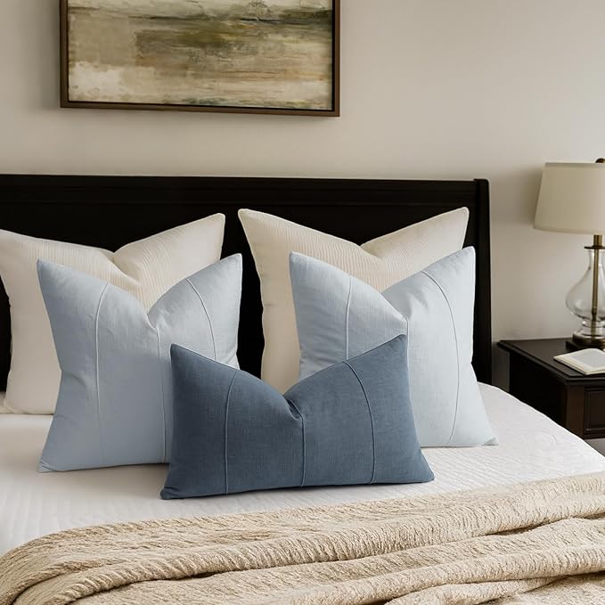ZWJD Decorative Linen Throw Pillow Covers 24x24 Set of 2 Solid Handcrafted Striped Cushion Covers for Bed Soft Modern Farmhouse Neutral Pillowcase for Couch Bedroom Living Room Home Decor(Sky Blue)